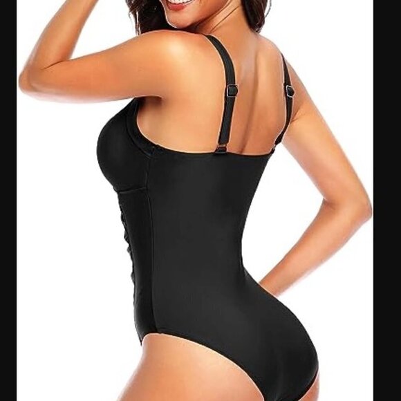 CHRISTINA Flattering Black One-piece Ruching Tummy Control high-cut leg, bra 16D - Picture 3 of 16
